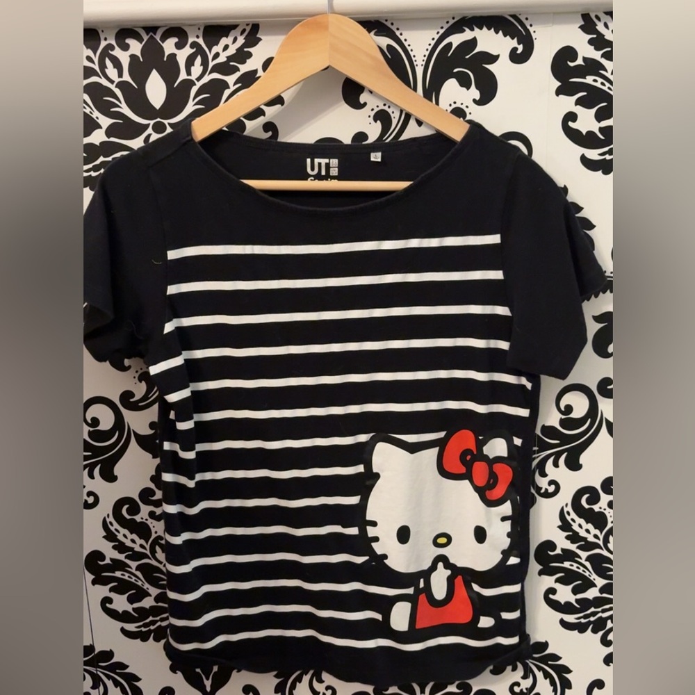 Womens Hello Kitty Black and White Striped T-Shirt